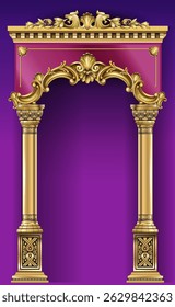 Shop facade, casino. Showcase. The luxurious entrance of the palace with golden arches.