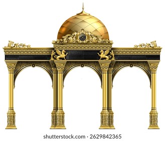 Shop facade, casino. Showcase. The luxurious entrance of the palace with golden arches.