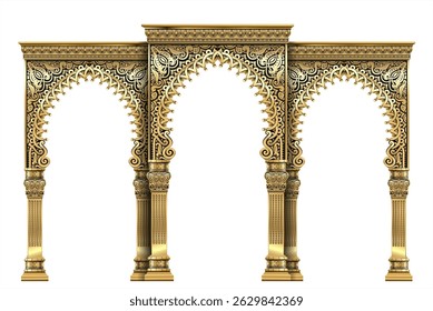 Shop facade, casino. Showcase. The luxurious entrance of the palace with golden arches.