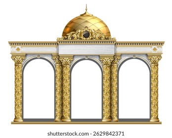 Shop facade, casino. Showcase. The luxurious entrance of the palace with golden arches.