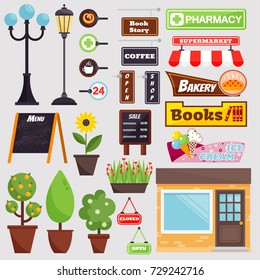 Shop facade elements vector set.
