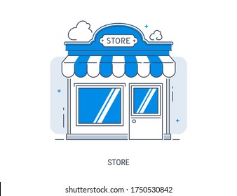 Shop facade flat line art design vector illustration, small retail shop building front view  isolated on white background