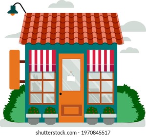 Shop facade in flat style. Building with flowers and green bushes on a beautiful background with clouds. Vector illustration
