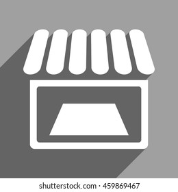 Shop Facade long shadow vector icon. Style is a flat shop facade white iconic symbol on a gray square background.