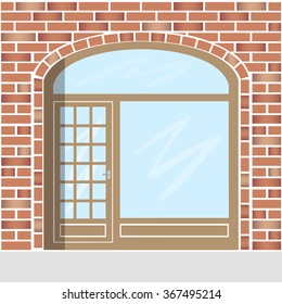 Shop facade. Red brick building. Vector illustration.