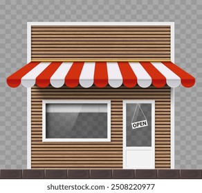 Shop facade with showcase and banner with wooden slats. Isolated on a transparent background. Vector mockup