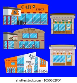 Shop Facade Vector Icon Set. Coffee House, Flower, Car, Hunting And Bike Shop Exterior. Flat Style Design.