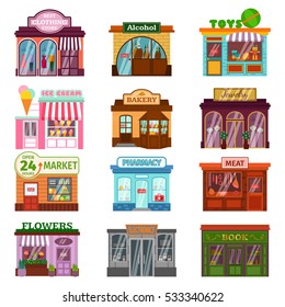 Shop Facade Vector Set Collection. Different Shop Front View Decoration. Pharmacy, Flowers, Food, Bakery And Hairdresser, Clothes, Shoes