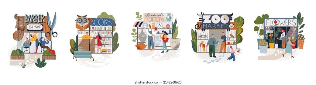 Compra fachadas y puestos de mercado callejero con los clientes que establecen la ilustración vectorial. Caricatura exterior de la colección de pequeñas tiendas con cerámica y mascotas, librería y barbería, quiosco con flores