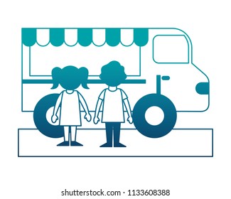 shop fast food truck with little kids isolated icon