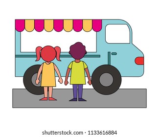 shop fast food truck with little kids isolated icon