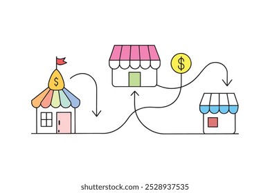 Shop featuring a prominent dollar sign, symbolizing commerce and retail Line art doodle illustration on white background