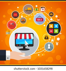 Shop and finance flat icon concept. Vector illustration. Element template for design.