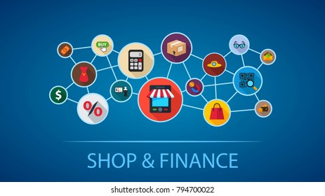 Shop and finance flat icon concept. Vector illustration. Element template for design.