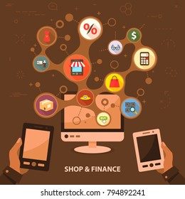 Shop and finance flat icon concept. Vector illustration. Element template for design.