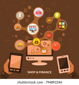Shop and finance flat icon concept. Vector illustration. Element template for design.