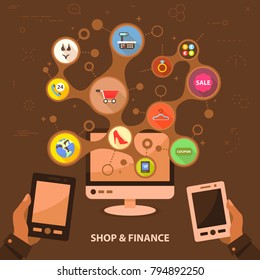 Shop and finance flat icon concept. Vector illustration. Element template for design.