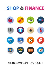 Shop and finance flat icon set. Vector illustration. Element template for design.