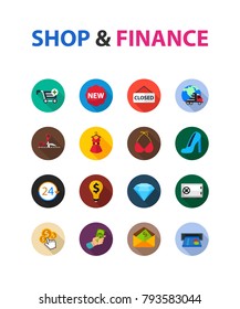 Shop and finance flat icon set. Vector illustration. Element template for design.