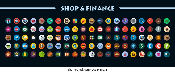 Shop and finance flat icons set. Vector illustration.