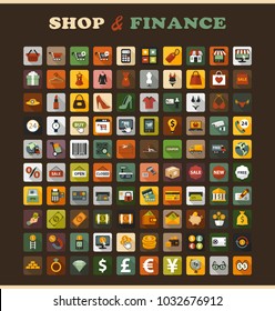 Shop and finance flat icons set. Vector illustration.