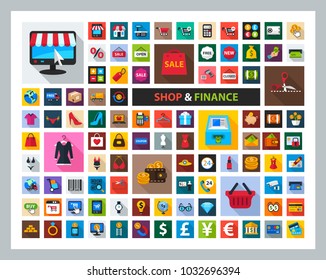 Shop and finance flat icons set. Vector illustration.