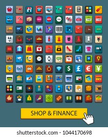 Shop and finance flat icons set. Vector illustration.