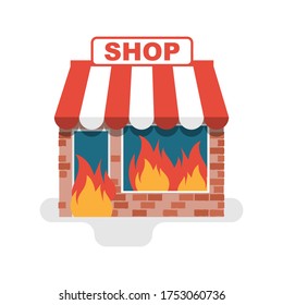 Shop in a fire. Burning store. Flame in store. Protesters concept. Broken windows and facades of store buildings. Vandalism in central streets. Vector flat design. Isolated on white background.