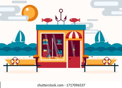 Shop of fishing tackle, fishing rods and bait near reservoir, vector illustration. Motor boat rental for lake visitors that want to hunt fish. Waves, cloudy sky behind cartoon building.