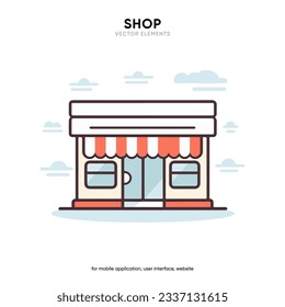 Shop flat black and colorful icons. Thin line symbol for design logo or icon. Visit card shopping, etc. Single high-quality outline symbol for web page or mobile app. Shop outline pictogram.