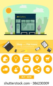 Shop and flat icons for e-commerce Art gallery, vector, illustration