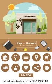 Shop and flat icons for e-commerce Bakery shop, vector, illustration