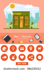 Shop and flat icons for e-commerce Book store, vector, illustration