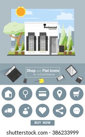 Shop and flat icons for e-commerce Restaurant , vector, illustration
