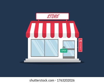 Compra en estilo plano. Tienda, minimarket. Icono de pantalla plana.