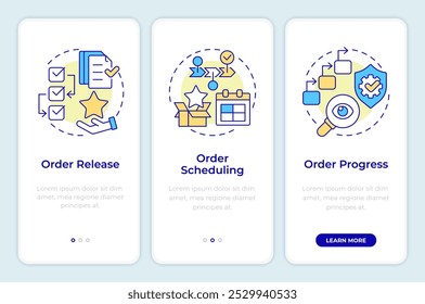 Control de planta órdenes de incorporación de pantalla de App móvil. Instrucciones gráficas editables de 3 pasos con conceptos lineales. PLANTILLA UI, UX, GUI