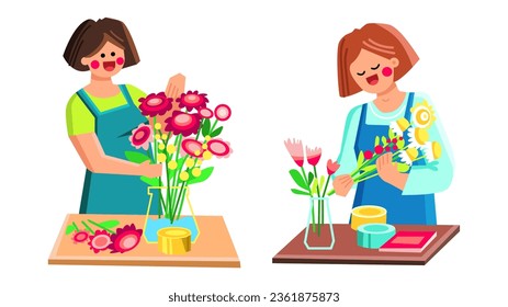 shop florist vector. bouquet business, owner work, store happy shop florist character. people flat cartoon illustration