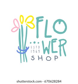 Shop flower logo template hand drawn vector Illustration in blue colors