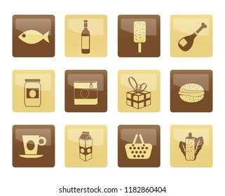 Shop, food and drink icons over brown background 1 - vector icon set