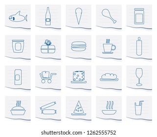 Shop and Foods Icons on a piece of paper - Vector Icon Set