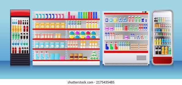 Shop fridges, refrigeration showcase with colorful product packs
