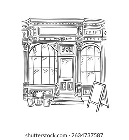 Shop front drawing in black and white with an A board out the front.