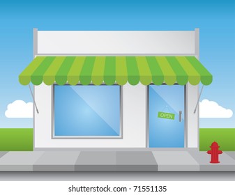 Shop front illustration, with shiny elements (no transparencies) and a bright blue sky.Editable vector file.