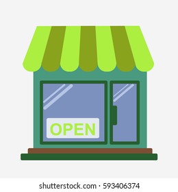 Shop front. Open store. Isolated on white background. Flat vector stock illustration