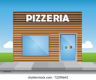 Shop front (pizza place) illustration, with shiny elements (no transparencies) and a bright blue sky.Editable vector file.