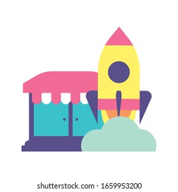shop front with rocket on white background