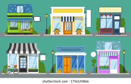 Shop front set. Isolated outdoor store facades with blank sign mockup templates. City street cute building storefronts with door, window, bench, table, lantern. Shop front empty showcase collection