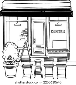 Shop front sketch Cafe Small Business Hand drawn line art illustration