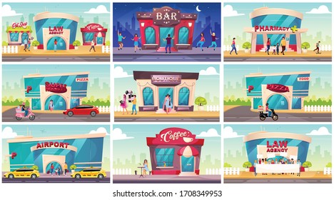 Shop Fronts Flat Color Vector Illustrations Set. Law Agency On Street Near Coffeeshop And Flower Store. Nightlife At Bar. Pharmacy Exterior. Supermarket Front. Modern 2D Cartoon Cityscape