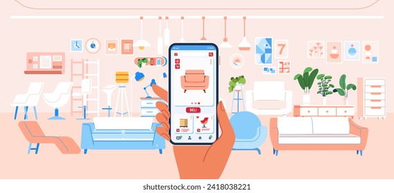 Comprar muebles y electrodomésticos con aplicación para smartphones en tienda sofá mesa silla armario lámpara vectorial ilustración plana